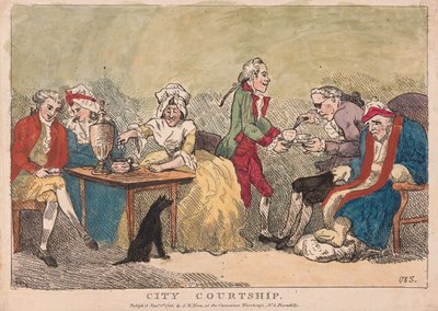 Kaupungin kosiskelu, pubi. 1786 (käsinvärinen kaiverrus) tekijältä Thomas Rowlandson