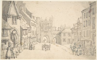 Kaupunkinäkymä, jossa näkyy keskiaikainen portti (mahdollisesti York) tekijältä Thomas Rowlandson