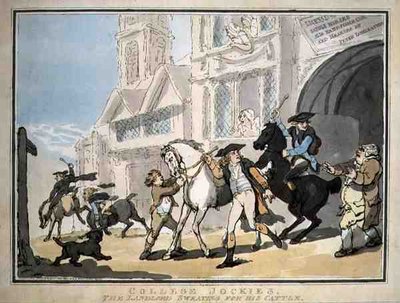 "College Jockies, vuokranantaja hikoilee karjaansa", pub. kirjoittanut E. Jackson tekijältä Thomas Rowlandson