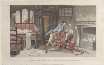 Conflict Between Quae Genus ja Lawyer Gripe-all, The History of Johnny Q..., 1. lokakuuta 1821. tekijältä Thomas Rowlandson