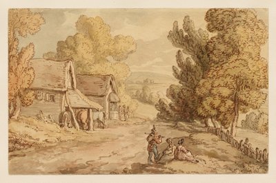 Mökki ja lato sekä maantien varrella lepääviä hahmoja tekijältä Thomas Rowlandson