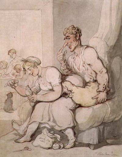 Darning The Sock (kynä ja muste, akvarelli) tekijältä Thomas Rowlandson