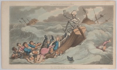 Death Turned Pilot julkaisusta The English Dance of Death, vol. II, pl. 9. 1. kesäkuuta 1815, 1. kesäkuuta 1815. tekijältä Thomas Rowlandson