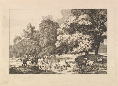 Hirvenmetsästys – Maisemakuva, jossa on uroshirvi ja koirat joen rannalla tekijältä Thomas Rowlandson