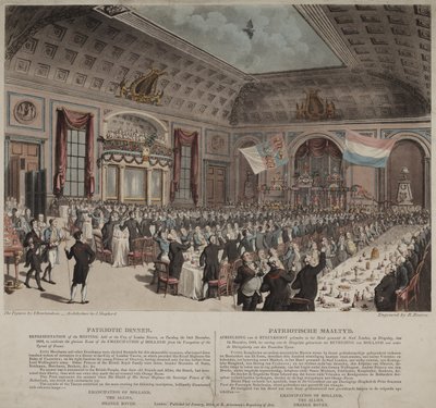 Illallinen Hollannin vapautumisen kunniaksi Ranskasta, City of London Tavern, Bishopsgate, 1814 (akvatinta) tekijältä Thomas Rowlandson
