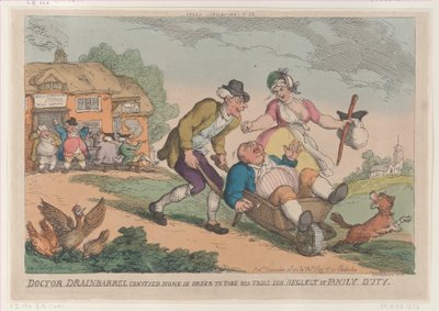 Tohtori Drainbarrel kuljetettiin kotiin ottaakseen oikeudenkäynnin Fa...:n laiminlyönnistä, 30. marraskuuta 1810. tekijältä Thomas Rowlandson