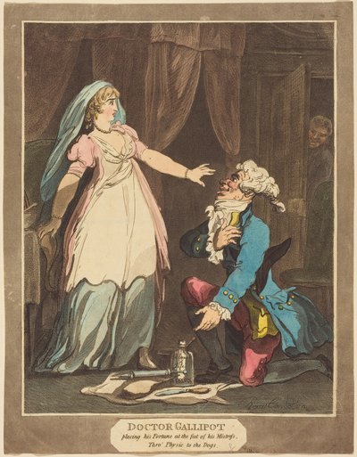 Tohtori Gallipot laskee onnensa rakastajattarensa jalkoihin tekijältä Thomas Rowlandson