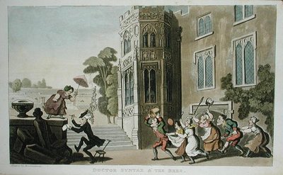Tohtori Syntax and the Bees, William Comben teoksesta The Tour of Dr Syntax in search of the Picturesque, julkaistu 1812 (akvatinta) tekijältä Thomas Rowlandson