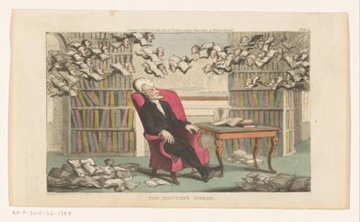 Tohtori syntaksi nukkuu kirjastossa Tohtorin unelma (otsikko esineessä) tekijältä Thomas Rowlandson