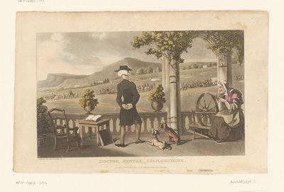 Tohtori Syntax tuijottaa maisemassa kulkevaa kulkuetta tekijältä Thomas Rowlandson