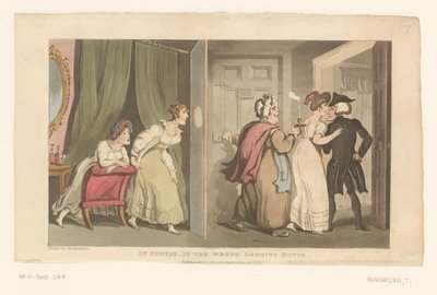 Kaksi naista johdattaa tohtori Syntaxin oven läpi tekijältä Thomas Rowlandson