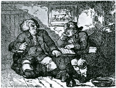 Tohtori Johnson ja James Boswell toipumassa krapulasta kaupungissa vietetyn yön jälkeen tekijältä Thomas Rowlandson