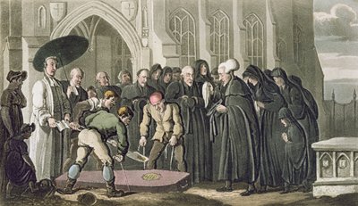 Dr Syntax at the Funeral of his Wife, William Comben teoksesta The Tour of Dr Syntax in search of the Picturesque, julkaistu 1812 (akvatinta) tekijältä Thomas Rowlandson