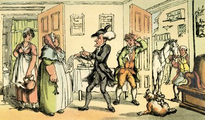"Tohtori Syntax kiistää laskunsa vuokraemäntälle" tekijältä Thomas Rowlandson