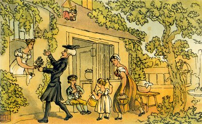 "Dr Syntax esittelee kukkatarjouksen" tekijältä Thomas Rowlandson