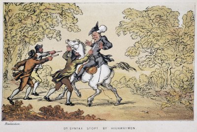 Tohtori Syntax pysäytti rosvot - "" Doctor Syntaxin kolmella kiertueella: viehättävää lohtua ja vaimoa etsimässä" William Combe, ill. Rowlandson tekijältä Thomas Rowlandson