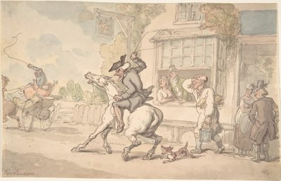 Tohtori Syntax ja hankala hevonen majatalon edessä tekijältä Thomas Rowlandson