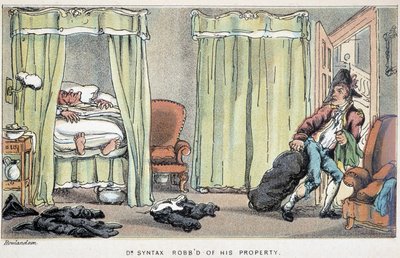 Dr. Syntaxin talomurto nukkuessaan - "" Doctor Syntaxin kolmella kiertueella: maalauksellisen lohdutuksen ja vaimon etsimisessä" William Combe, sairaat. Rowlandson tekijältä Thomas Rowlandson