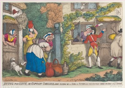 Dying for Love, tai kapteeni huolimaton, ampui lentäen 15-vuotiaan tytön, joka pomppasi odottamattomasti..., 1810. tekijältä Thomas Rowlandson