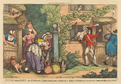 Dying for Love tai Kapteeni Careless -laukaus lentäen viisitoistavuotiaan tytön toimesta, joka ponnahti yllättäen päänsä kotelosta tekijältä Thomas Rowlandson