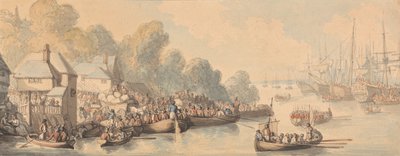 Laivaanlähtö Southamptonissa, 20. kesäkuuta 1794 (akvarelli ja kynä ja ruskea, harmaa ja punaruskea muste grafiitin päällä keskikokoisella, hieman teksturoidulla kermanvärisellä paperilla) tekijältä Thomas Rowlandson