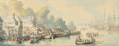Laivaanlähtö Southamptonissa 20. kesäkuuta Lord Howen toiminnan jälkeen - Versio B, n. 1794 (wc kynällä ja musteella grafiitin päällä kudottupaperilla) tekijältä Thomas Rowlandson