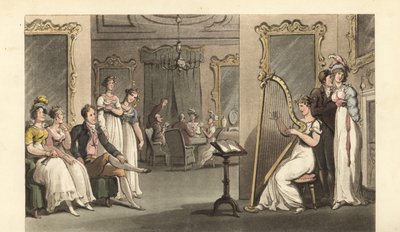 Englantilainen herrasmies ja naiset kuuntelemassa harpistia ballissa tekijältä Thomas Rowlandson