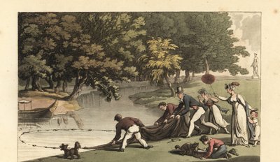 Englantilainen herrasmies ja henkilökunta kalastavat joessa tekijältä Thomas Rowlandson