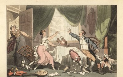 Englantilainen herrasmies riitelee vaimonsa kanssa rahasta tekijältä Thomas Rowlandson