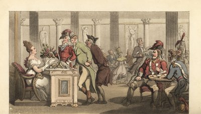 Englantilainen herrasmies flirttailemassa Fair Limonadieren kanssa kahvilassa pariisissa tekijältä Thomas Rowlandson