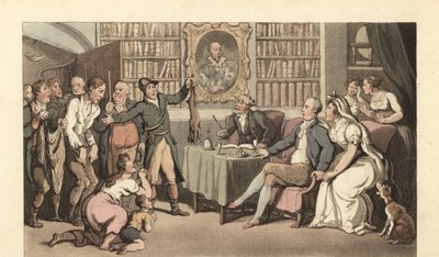 Englantilainen herrasmies työhuoneessaan kuulemassa salametsästystapausta tekijältä Thomas Rowlandson