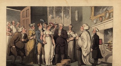 Englantilainen herrasmies menee naimisiin morsiamensa komeassa kodissa tekijältä Thomas Rowlandson
