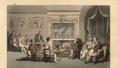 Englantilainen herrasmies, vaimo ja lapset rentoutumassa salissa tekijältä Thomas Rowlandson