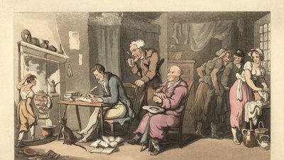 Englantilainen herrasmies kirjoittaa kerjäämiskirjettä rappeutuneessa salissa tekijältä Thomas Rowlandson