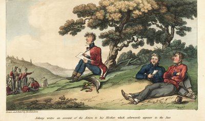 Lippuri Johnny Newcome kirjoittaa äidilleen kirjeen, jossa kuvataan Salamancan taistelua tekijältä Thomas Rowlandson