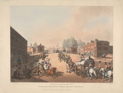 Sisäänkäynti Mile Endin tai White Chaple Turnpiken (nro 5) puolelta tekijältä Thomas Rowlandson