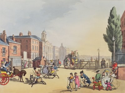 Tottenham Court Road Turnpiken sisäänkäynti, josta on näkymä St. Jamesin kappelille, kaiverrus Heinrich Joseph Schutz (1760-1822), pubi. 1809 tekijältä Thomas Rowlandson