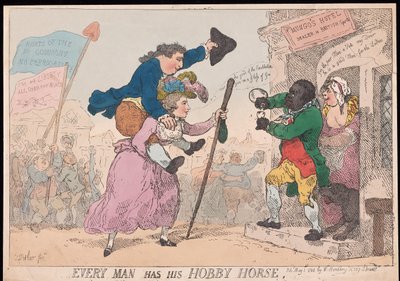 Jokaisella miehellä on oma harrastushevonen, pubi. 1784 (käsinvärinen kaiverrus) tekijältä Thomas Rowlandson