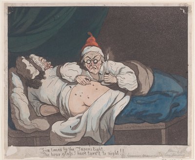 Viisi kertaa Taperin valossa, tiimalasi, jonka olen kääntänyt yöksi!!, 1793., 1793. tekijältä Thomas Rowlandson