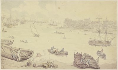 Joki, jolla liikkuu paljon aluksia ja jossa on telakka tekijältä Thomas Rowlandson