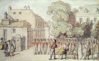 Ranskalaiset sotilaat paraatissa (kynä ja akvarelli paperille) tekijältä Thomas Rowlandson