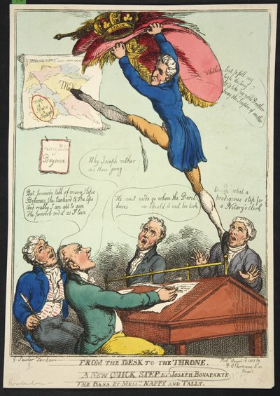 Työpöydältä valtaistuimelle. Joseph Bonaparten uusi nopea askel. The Bass, herrat Nappy ja Talley, pub. 1808 (käsinvärinen kaiverrus) tekijältä Thomas Rowlandson