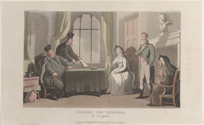 Frontispiece: Avignonin tuomioistuimen edessä, Journal of Sentimental Travels in the ..., 1821. tekijältä Thomas Rowlandson