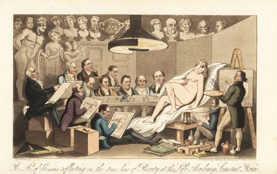 Georgian taiteilijat, kuten Benjamin West, Thomas Lawrence, Benjamin Haydon, Joseph Farrington, Richard Westall ja Martin Archer Shee piirtävät alastonmallin, kun taas klassiset rintakuvat katsovat alas. Neroiden kuninkaalliset akateemikot pohtivat kauneud tekijältä Thomas Rowlandson
