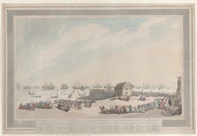 ”Hollannin laivaston loistava tappio, 10. lokakuuta 1797”, amiraalit Lord Duncan ja Sir Richard Onslow, sekä paikan päällä piirretty kuva kuudesta hollantilaisesta linjalaivasta, jotka vallattiin ja tuotiin Yarmouthiin tekijältä Thomas Rowlandson