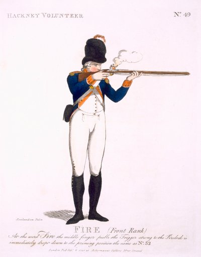Hackney Volunteer, levy 49 julkaisusta "Loyal Volunteers of London and Environs", julkaistu 1798 tekijältä Thomas Rowlandson