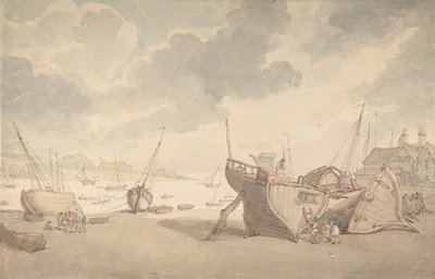 Satamakohtaus vuoroveden ja rantautuneiden veneiden kanssa, 1775–1827. tekijältä Thomas Rowlandson