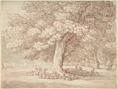 Hirvieläinlauma tammen alla tekijältä Thomas Rowlandson