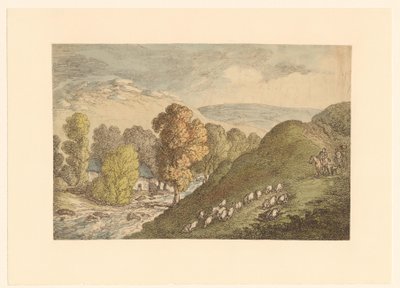 Mäkinen maisema, jossa on lampaita tekijältä Thomas Rowlandson