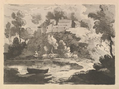 Mäkinen jokimaisema, vene vedessä etualalla vasemmalla, hahmo kaukaisella rannalla..., 1783-84. tekijältä Thomas Rowlandson